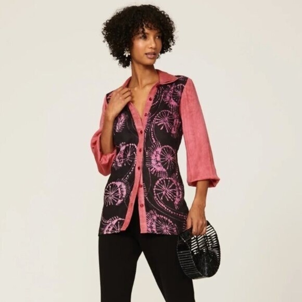 Kahindo Black and Pink Tie Dye Collared Tunic Blouse Longline Open Back Boho